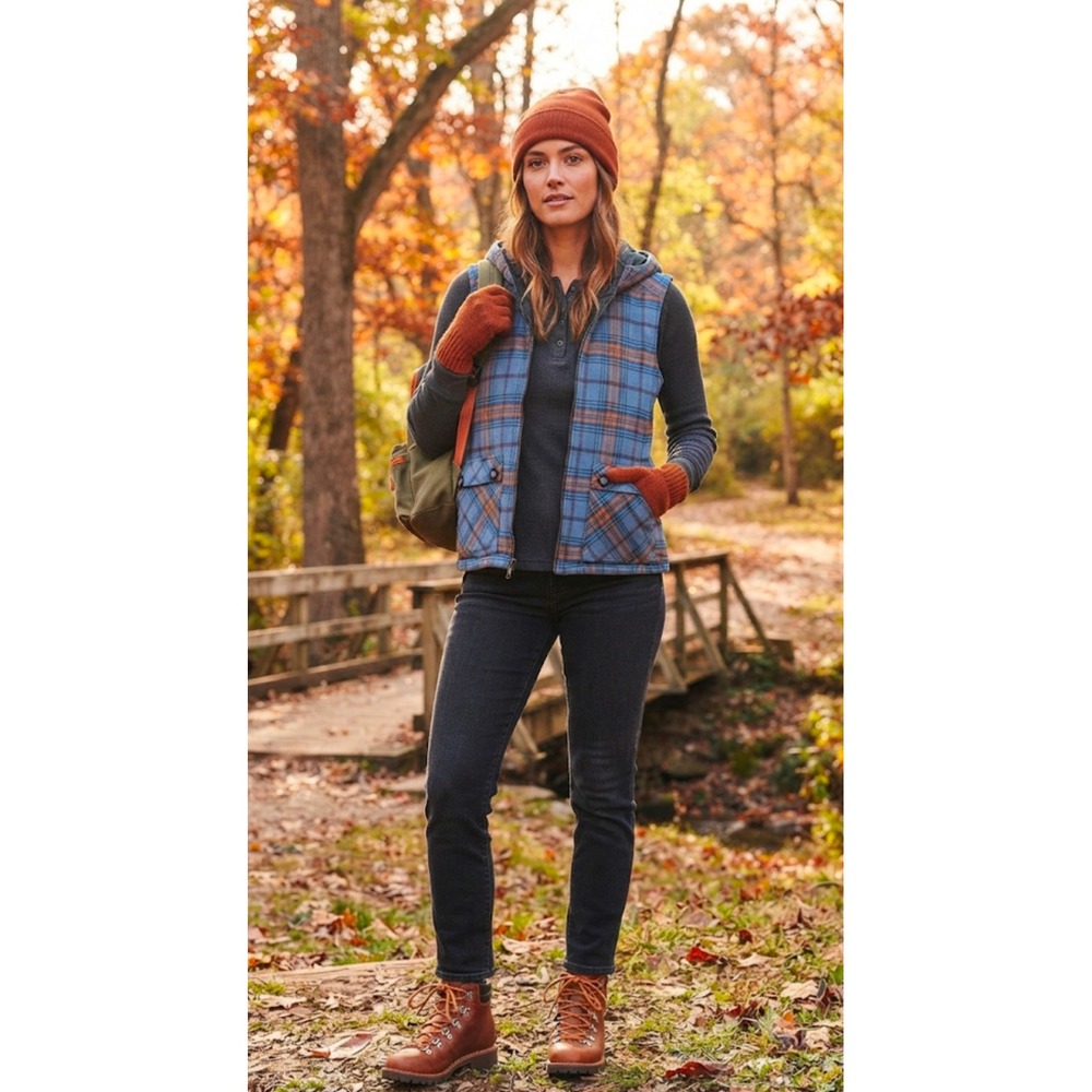 Kavu Womens Hooded Plaid Vest Blue Orange Full Zip Quilted Lining Outdoor EUC